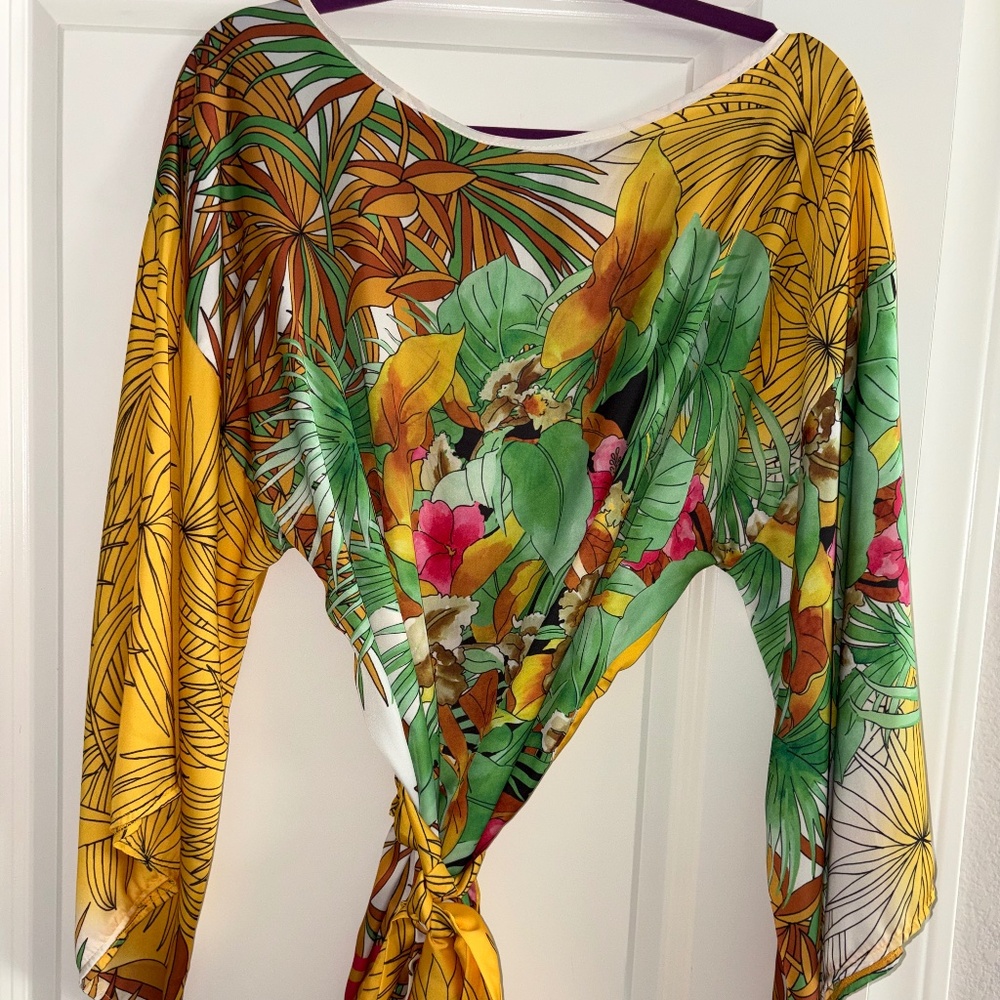NWOT! AUM-COUTURE 100% Silk Tropical Belted Tunic/Short Kaftan O/S Fits Most
